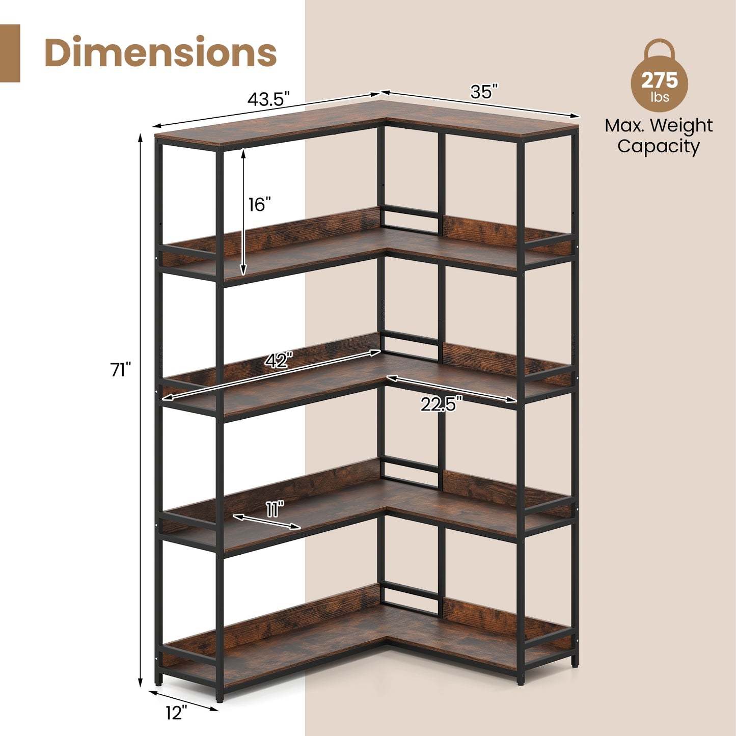 Corner Bookshelf 5-Tier L-Shaped Bookcase Etagere Bookshelf with Metal Frame, Rustic Brown Bookcases at Gallery Canada