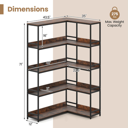Corner Bookshelf 5-Tier L-Shaped Bookcase Etagere Bookshelf with Metal Frame, Rustic Brown Bookcases at Gallery Canada