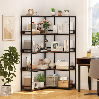 Corner Bookshelf, 5-Tier L-Shaped Bookcase, Rustic Brown Bookcases at Gallery Canada