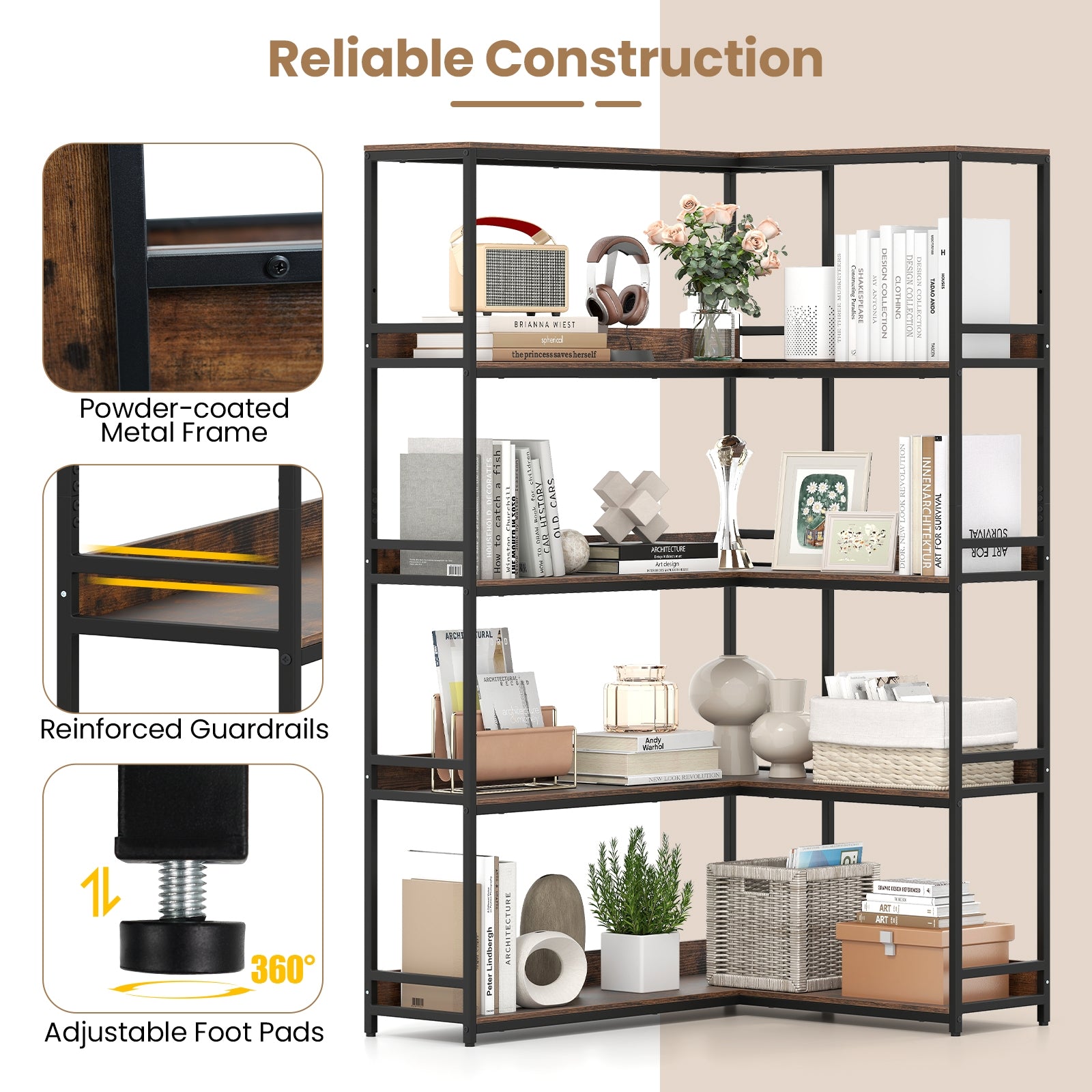 Corner Bookshelf 5-Tier L-Shaped Bookcase Etagere Bookshelf with Metal Frame, Rustic Brown Bookcases at Gallery Canada