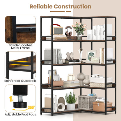 Corner Bookshelf 5-Tier L-Shaped Bookcase Etagere Bookshelf with Metal Frame, Rustic Brown Bookcases at Gallery Canada