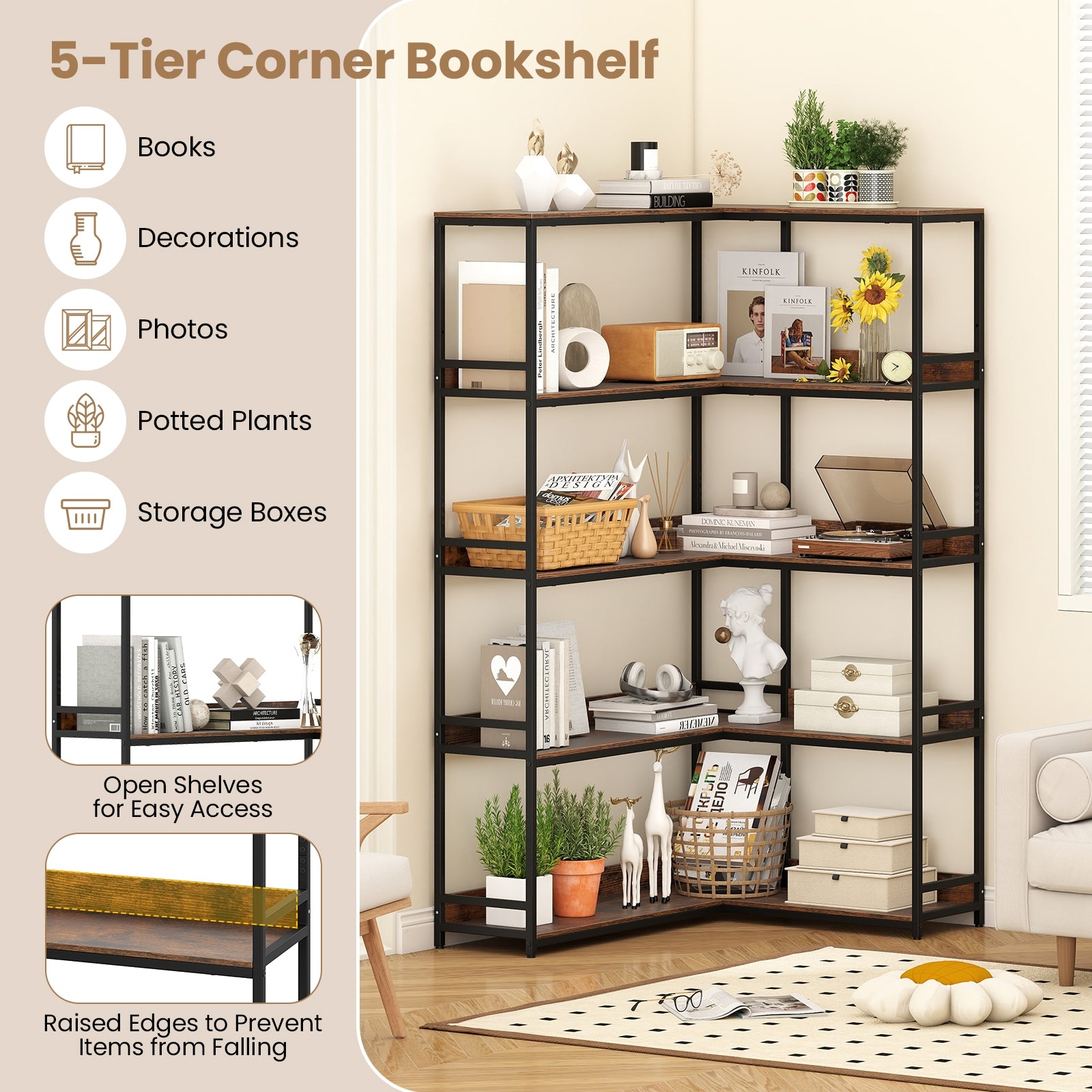Corner Bookshelf 5-Tier L-Shaped Bookcase Etagere Bookshelf with Metal Frame, Rustic Brown Bookcases at Gallery Canada