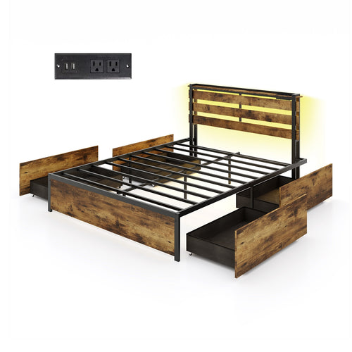 Queen Size Bed Frame With Drawers, LED Lights, USB Ports, Rustic Brown