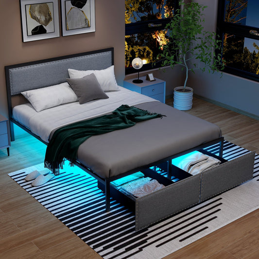 Full/Queen/Twin Size Bed Frame with LED Lights Drawer and Metal Slats-Queen Size, Gray - Gallery Canada