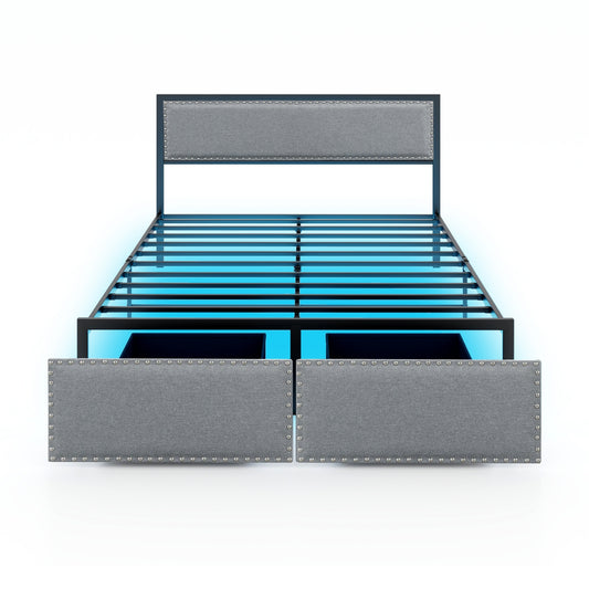 Queen Size Bed Frame With LED Lights, Drawer, Gray Simple Bed Frame Gray at Gallery Canada