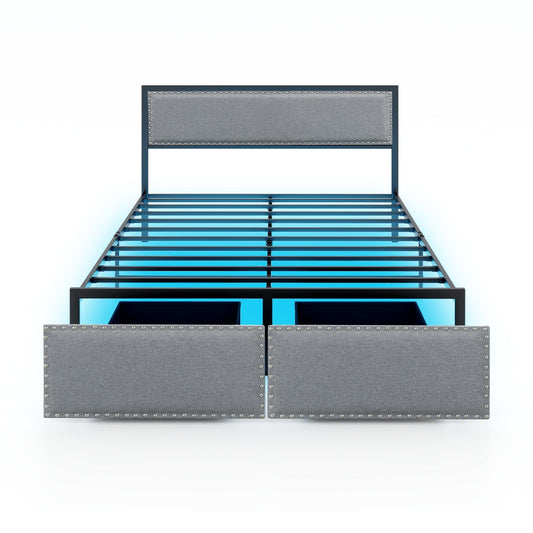 Queen Size Bed Frame With LED Lights, Drawer, Gray