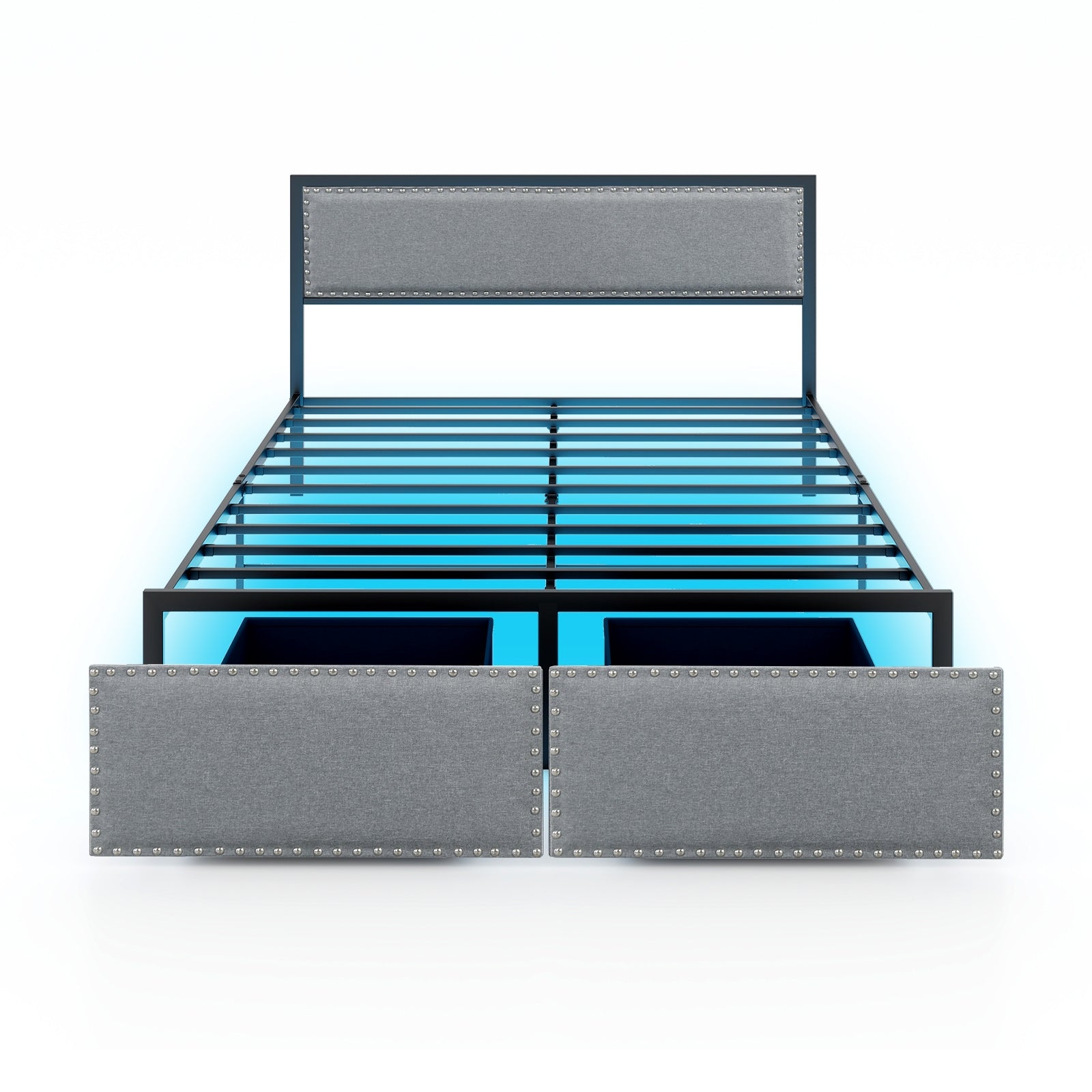 Queen Size Bed Frame With LED Lights, Drawer, Gray Simple Bed Frame Gray at Gallery Canada