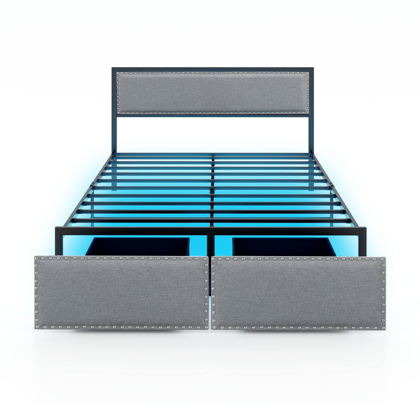 Queen Size Bed Frame With LED Lights, Drawer, Gray Simple Bed Frame Gray at Gallery Canada