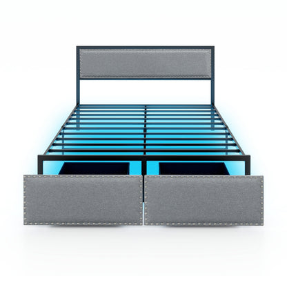 Queen Size Bed Frame With LED Lights, Drawer, Gray Simple Bed Frame Gray at Gallery Canada