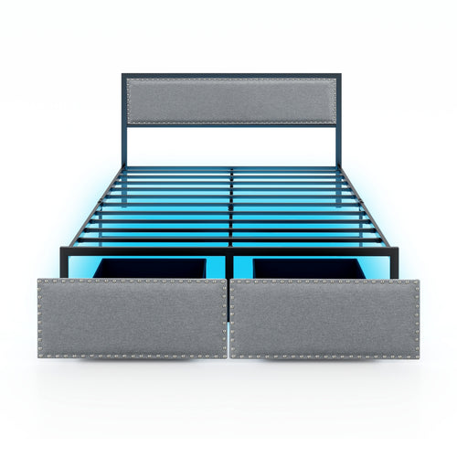 Queen Size Bed Frame With LED Lights, Drawer, Gray