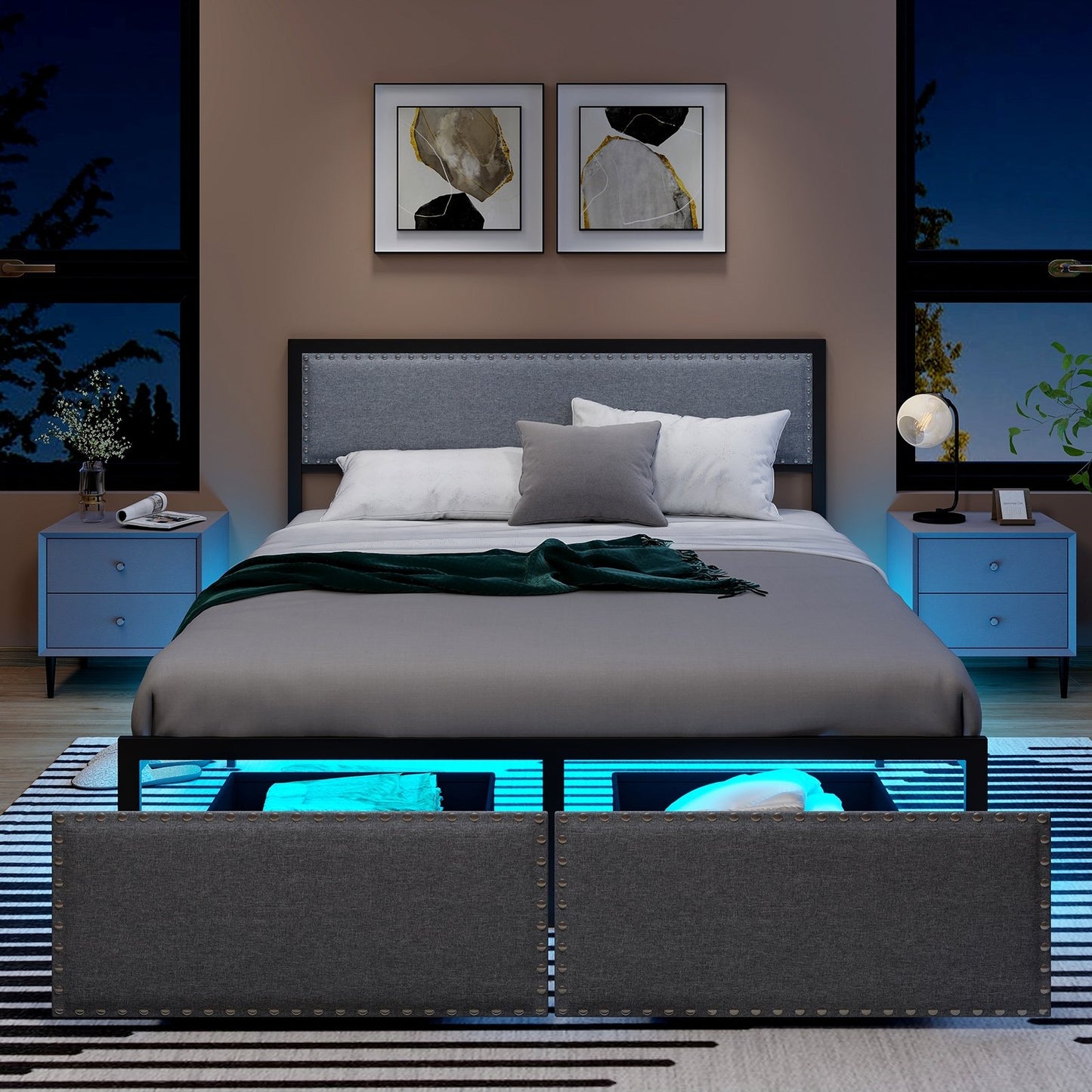 Full/Queen/Twin Size Bed Frame with LED Lights Drawer and Metal Slats-Queen Size, Gray - Gallery Canada