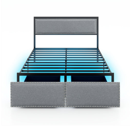 Full Size Bed Frame With LED Lights, Drawer, Metal Slats, Gray Simple Bed Frame Gray at Gallery Canada