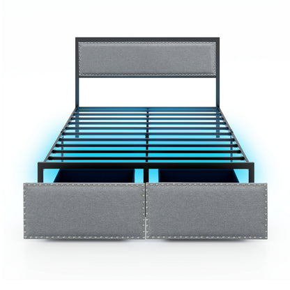 Full Size Bed Frame With LED Lights, Drawer, Metal Slats, Gray Simple Bed Frame at Gallery Canada