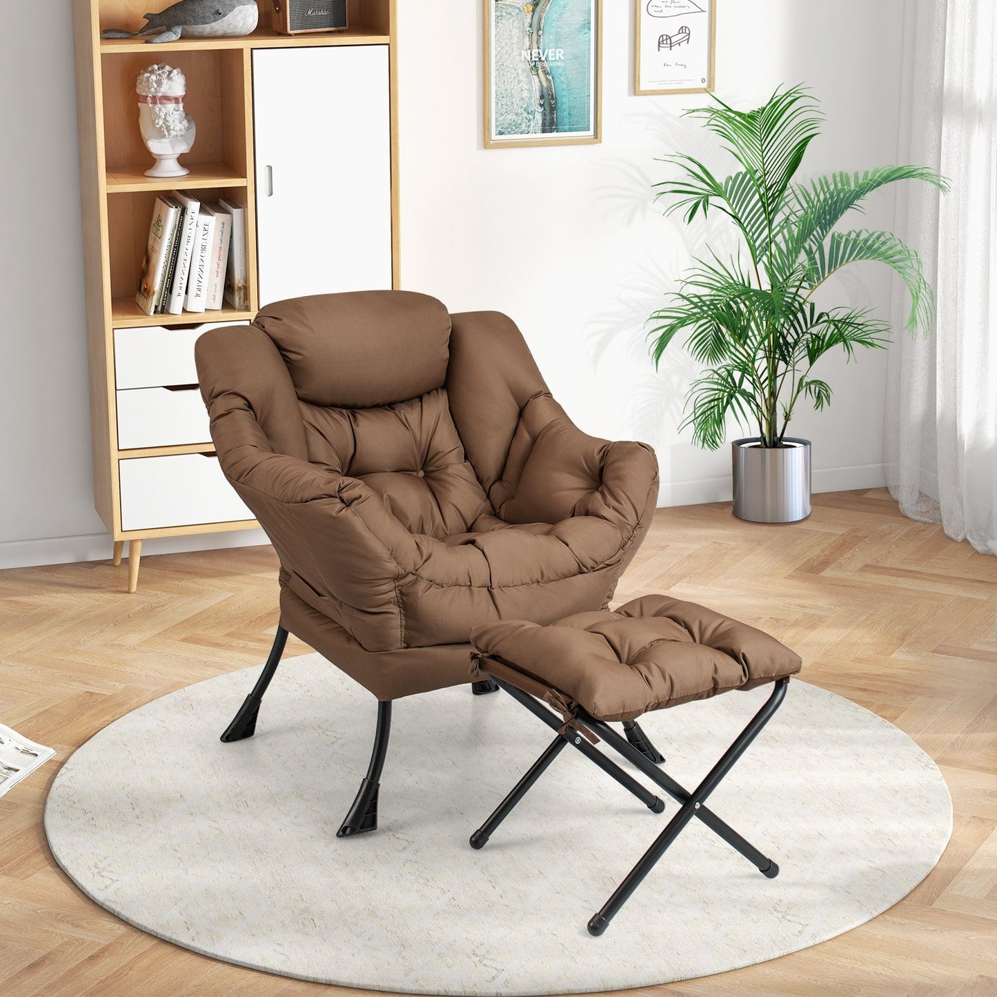 Modern Accent Sofa Chair with Folding Footrest and Side Pocket, Brown
