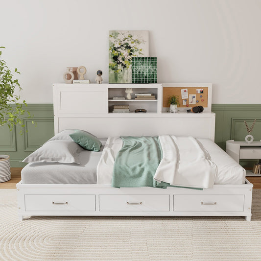 Twin/Full Size Wooden Daybed with 3 Drawers with Storage Shelves-Twin Size, White - Gallery Canada
