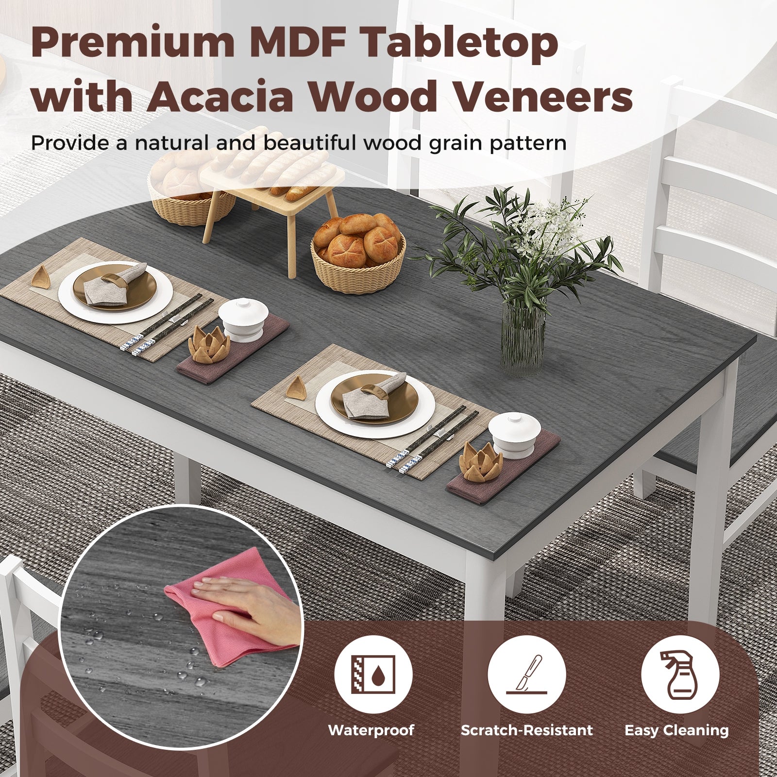 5-Piece Wooden Dining Set with Rectangular Table and 4 Chairs, Gray Dining Room Sets at Gallery Canada