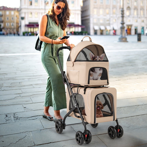 Double Pet Stroller Foldable 3-in-1 Dog Stroller with 2 Detachable Carriers, Beige