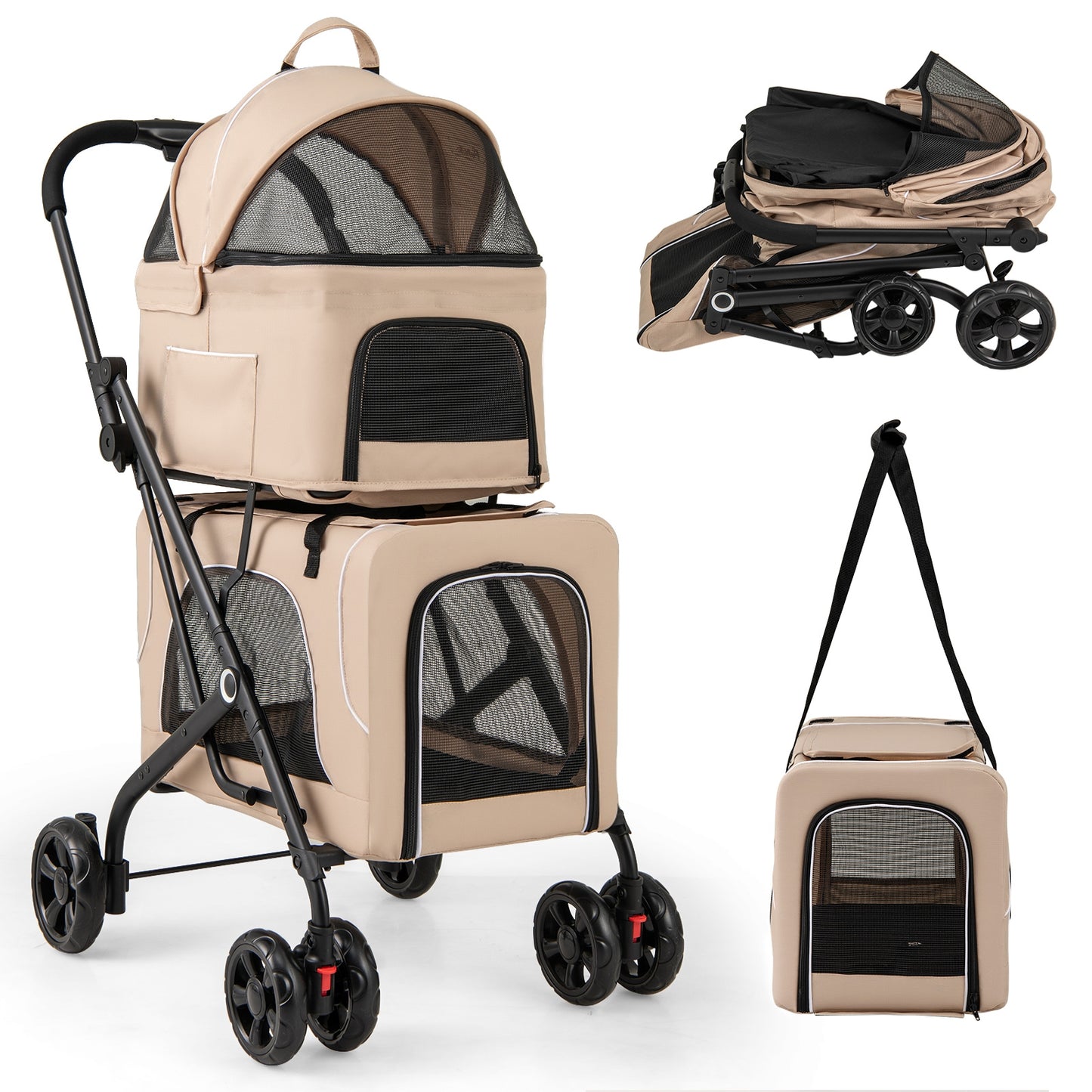 Double Pet Stroller, Foldable 3-in-1, 2 Detachable Carriers, Beige