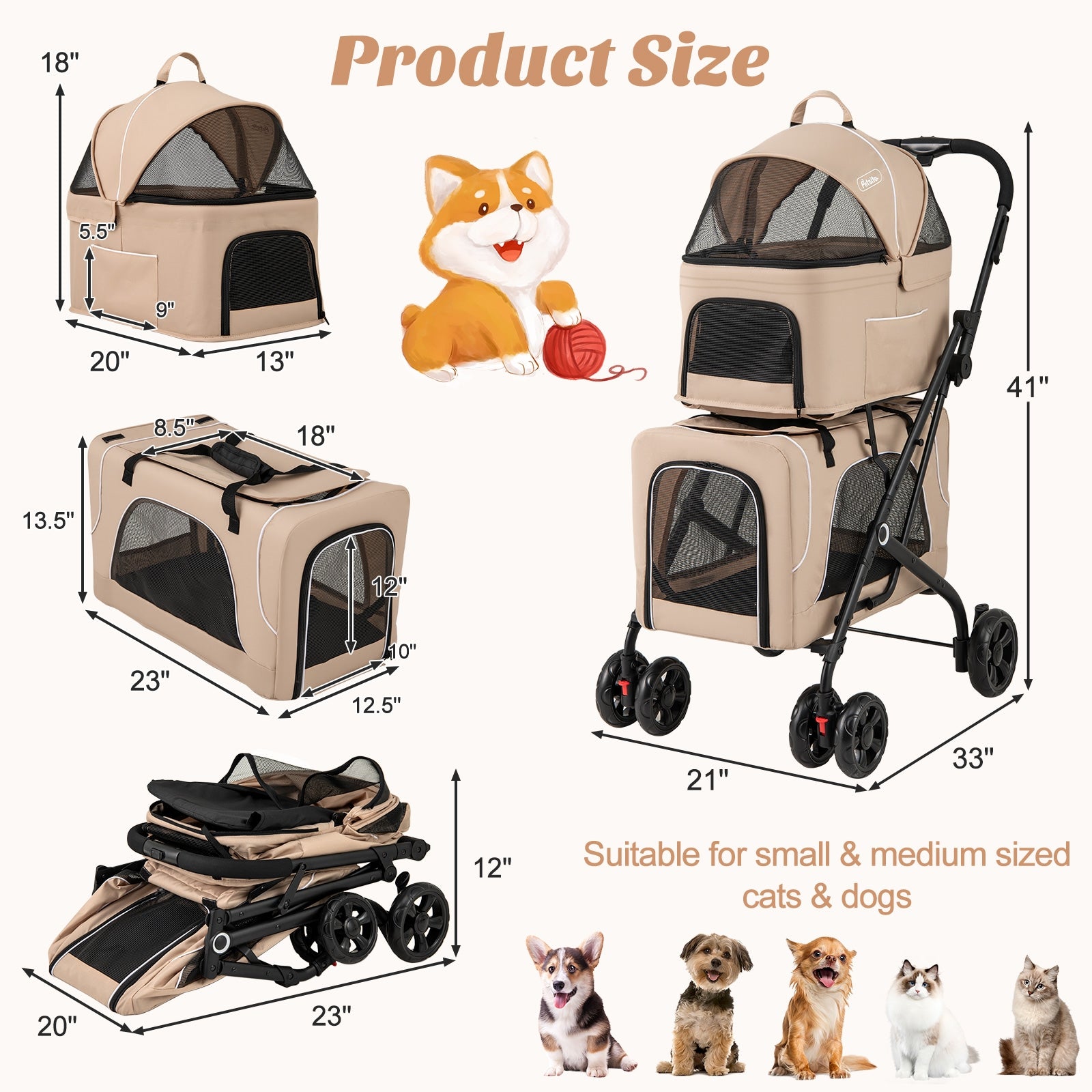Double Pet Stroller Foldable 3-in-1 Dog Stroller with 2 Detachable Carriers, Beige Dog Supplies at Gallery Canada