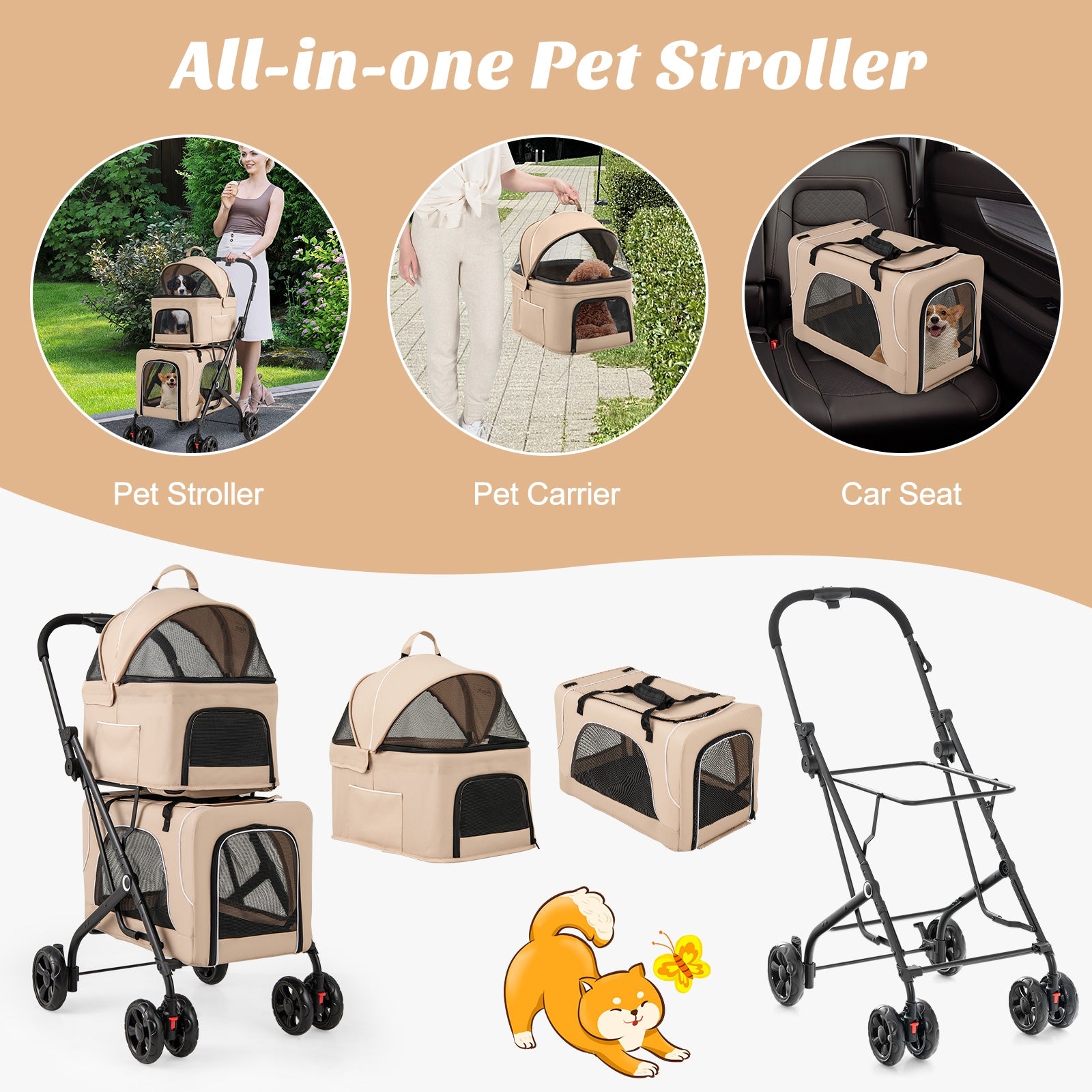 Double Pet Stroller Foldable 3-in-1 Dog Stroller with 2 Detachable Carriers, Beige Dog Supplies at Gallery Canada