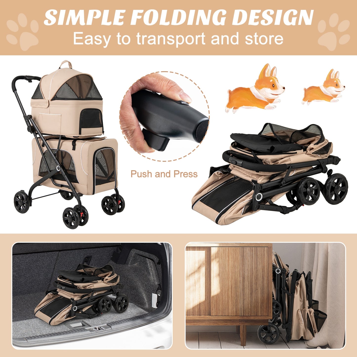 Double Pet Stroller Foldable 3-in-1 Dog Stroller with 2 Detachable Carriers, Beige Dog Supplies at Gallery Canada