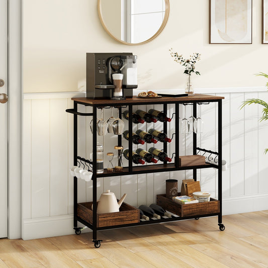 3 Tiers Bar Cart on Wheels with Glass Racks, Rustic Brown - Gallery Canada