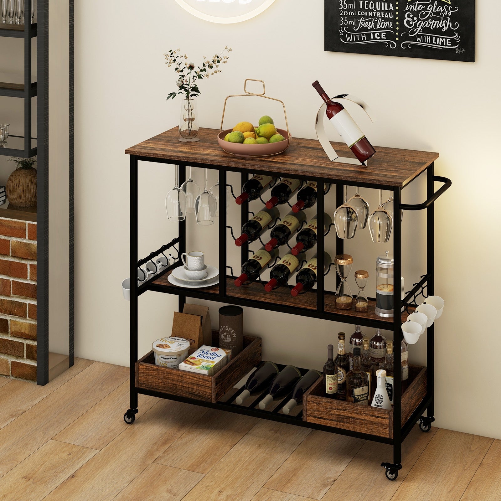 3 Tiers Bar Cart on Wheels with Glass Racks, Rustic Brown Baker's Racks at Gallery Canada