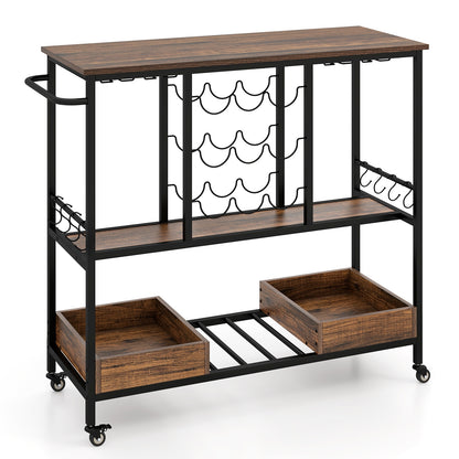 3 Tiers Bar Cart on Wheels with Glass Racks, Rustic Brown Baker's Racks Rustic Brown at Gallery Canada