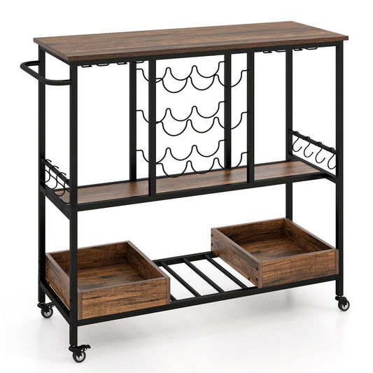 3 Tiers Bar Cart on Wheels with Glass Racks, Rustic Brown - Gallery Canada