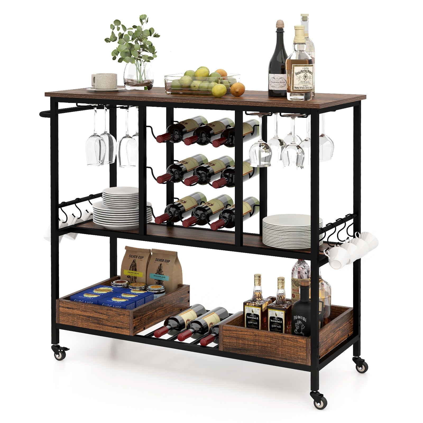 3 Tiers Bar Cart on Wheels with Glass Racks, Rustic Brown Baker's Racks at Gallery Canada