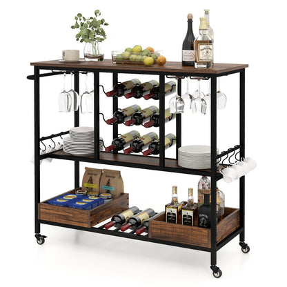 3 Tiers Bar Cart on Wheels with Glass Racks, Rustic Brown