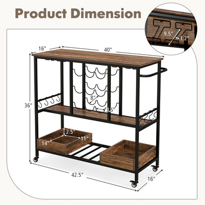 3 Tiers Bar Cart on Wheels with Glass Racks, Rustic Brown