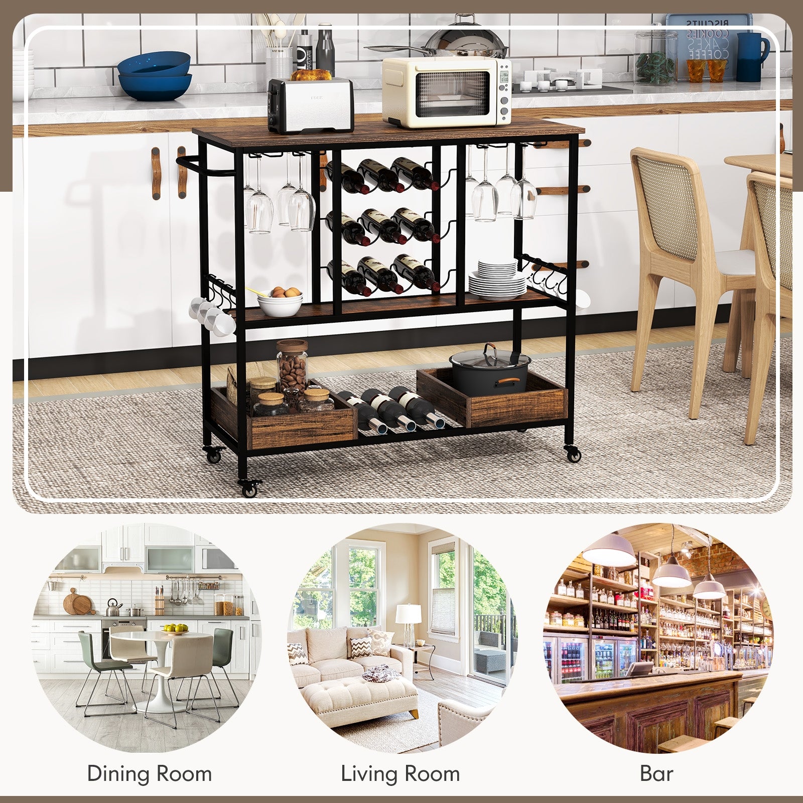 3 Tiers Bar Cart on Wheels with Glass Racks, Rustic Brown Baker's Racks at Gallery Canada
