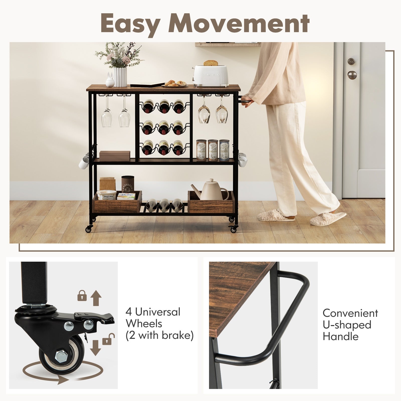 3 Tiers Bar Cart on Wheels with Glass Racks, Rustic Brown Baker's Racks at Gallery Canada