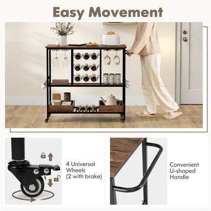 3 Tiers Bar Cart on Wheels with Glass Racks, Rustic Brown Baker's Racks at Gallery Canada