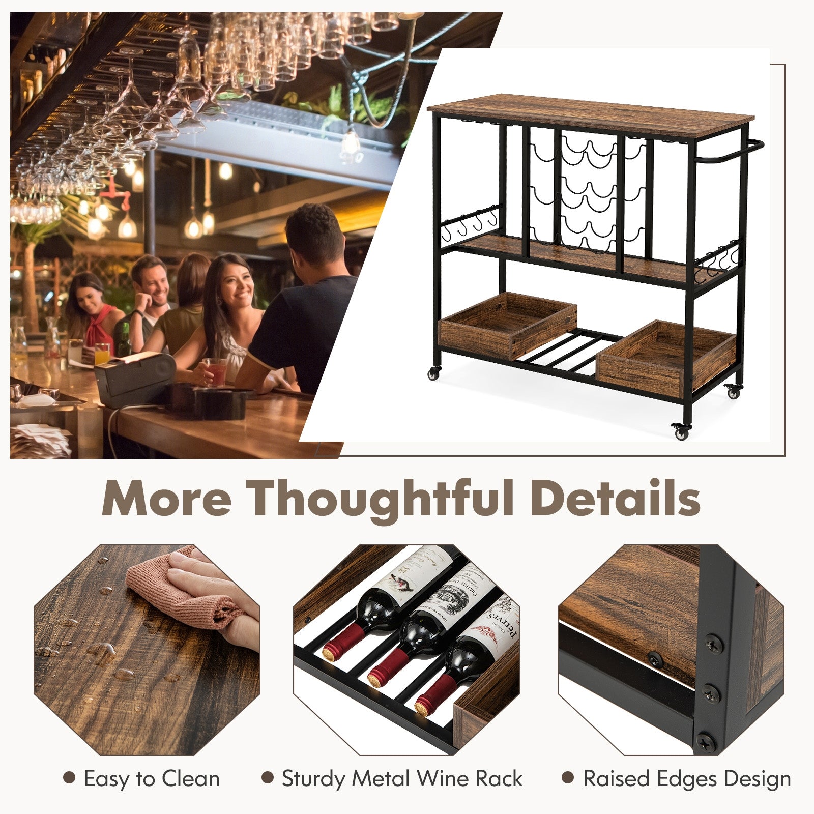 3 Tiers Bar Cart on Wheels with Glass Racks, Rustic Brown Baker's Racks at Gallery Canada