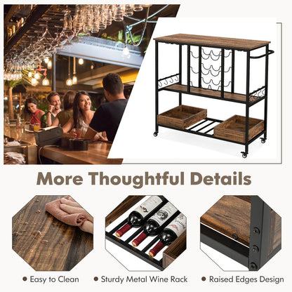 3 Tiers Bar Cart on Wheels with Glass Racks, Rustic Brown Baker's Racks at Gallery Canada