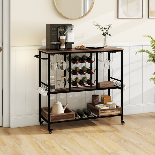 3 Tiers Bar Cart on Wheels with Glass Racks, Brown - Gallery Canada