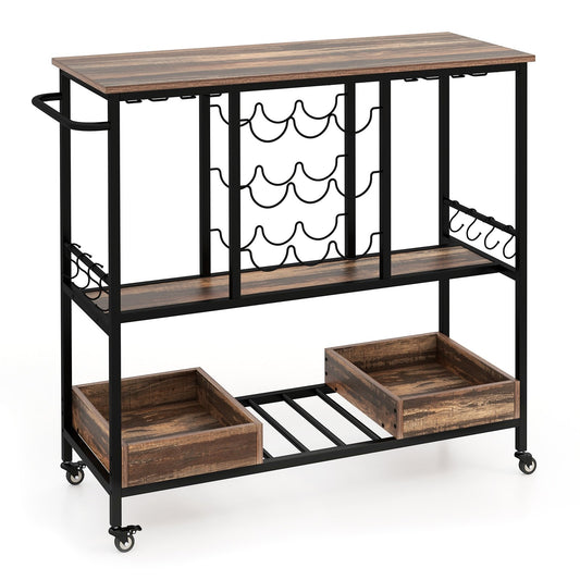 3 Tiers Bar Cart on Wheels with Glass Racks, Brown - Gallery Canada
