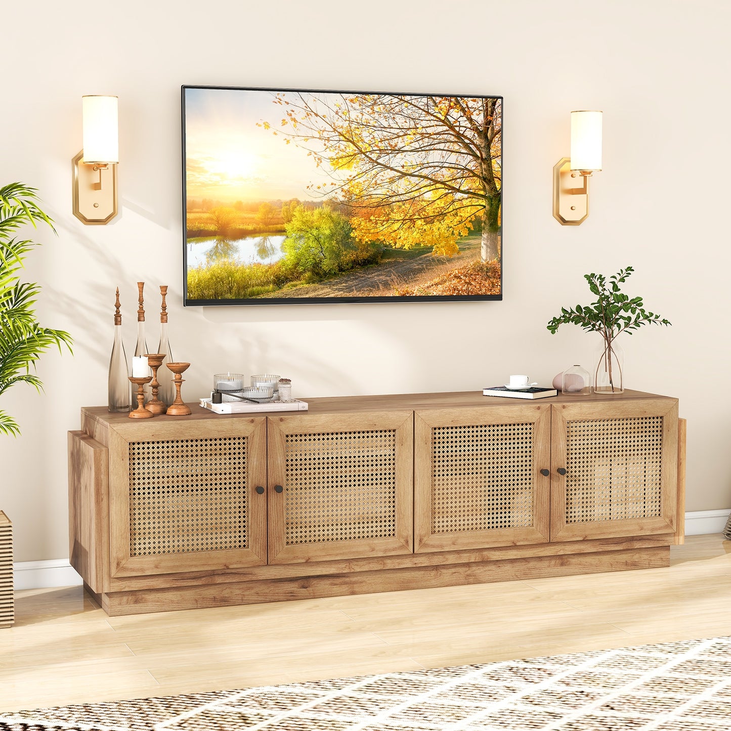 Farmhouse TV Stand for TVs up to 75 Inches with 2 Cabinets, Oak Entertainment Centers & TV Stands at Gallery Canada