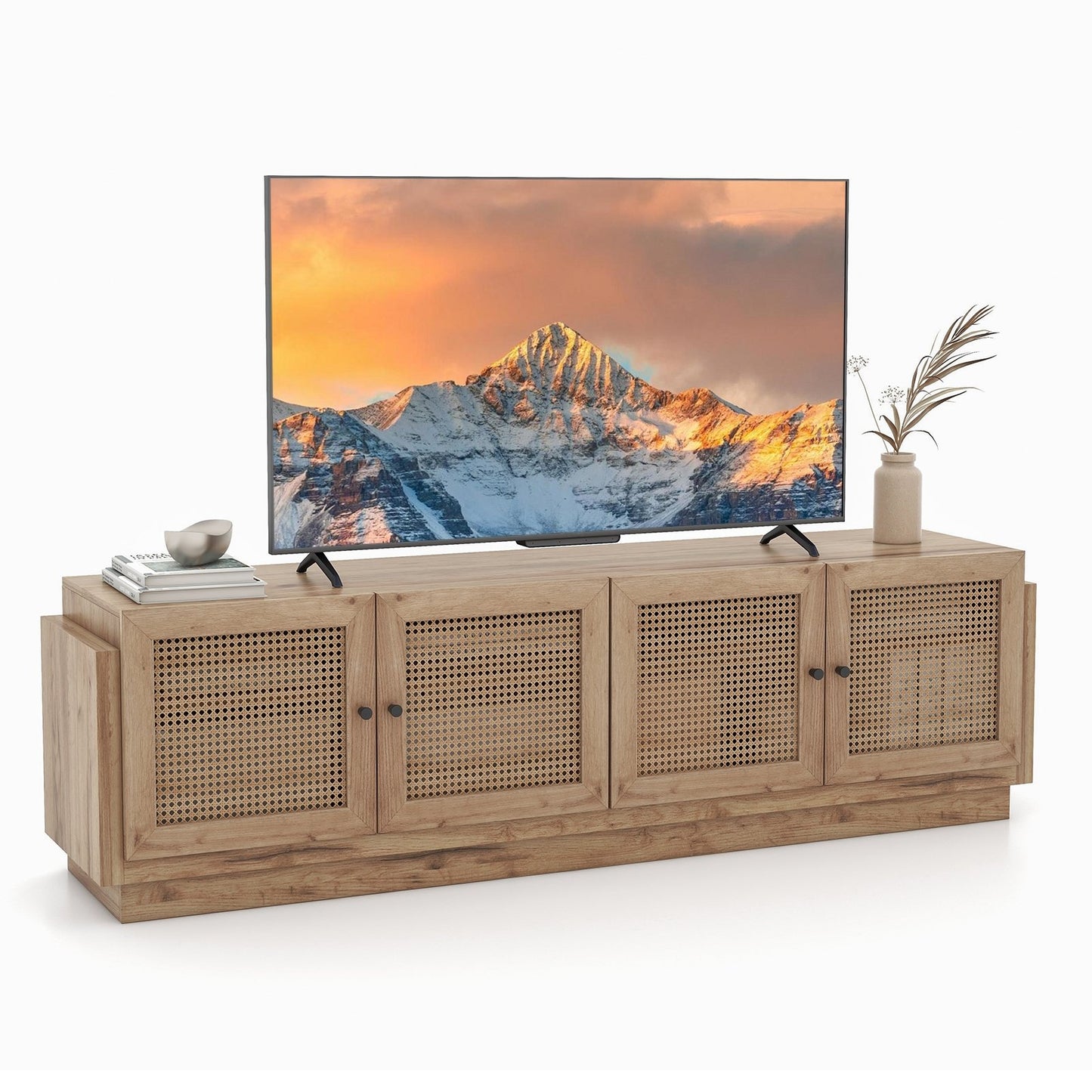 Farmhouse TV Stand for TVs up to 75 Inches with 2 Cabinets, Oak