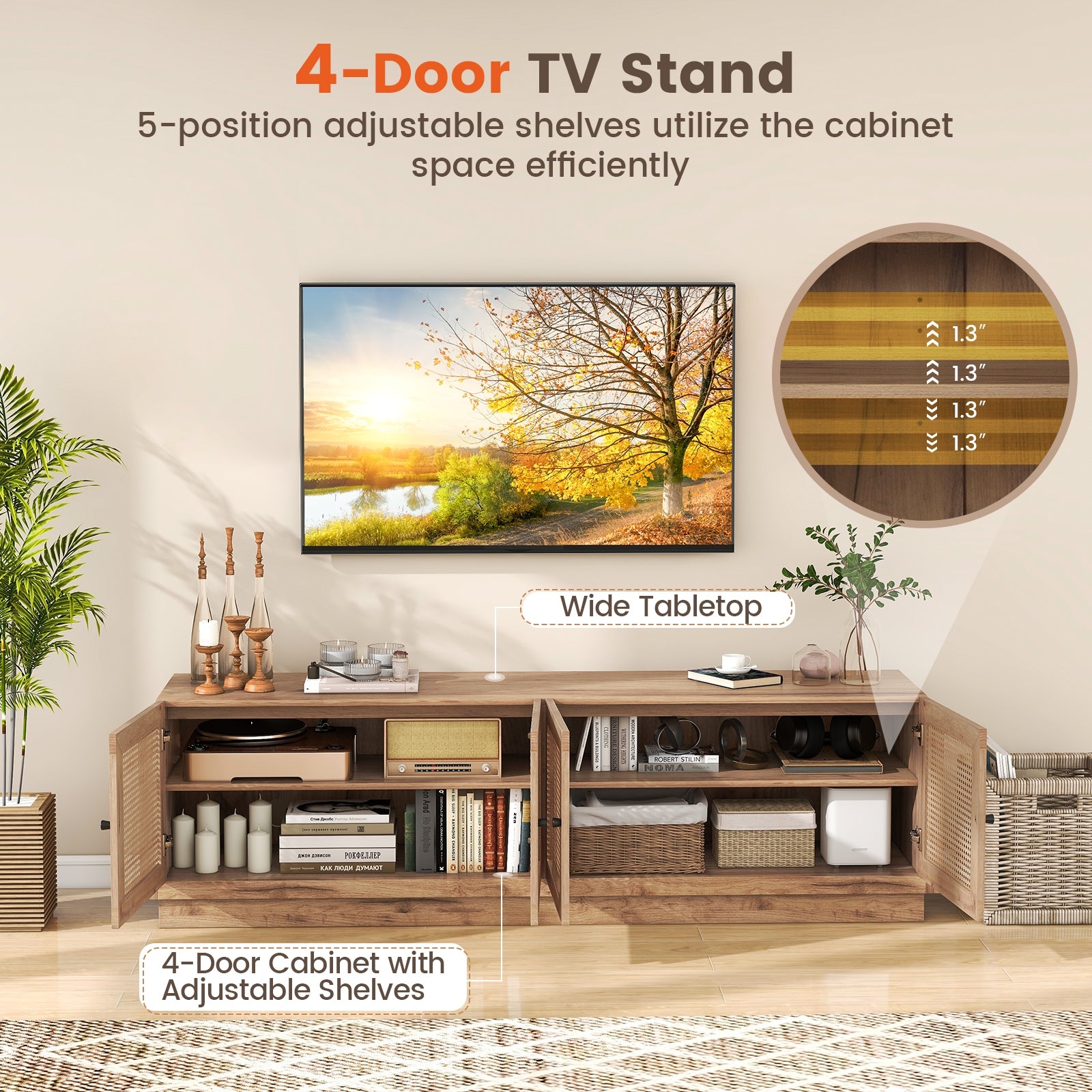 Farmhouse TV Stand for TVs up to 75 Inches with 2 Cabinets, Oak Entertainment Centers & TV Stands at Gallery Canada