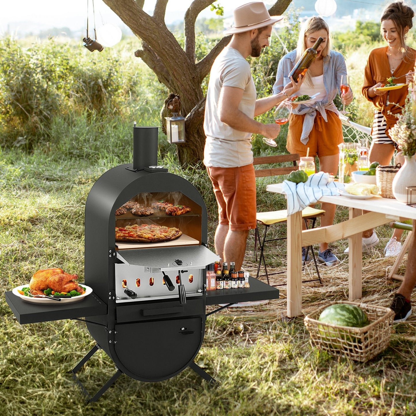 Outdoor Pizza Oven with 600D Oxford Fabric Cover  12" Pizza Stone and Cooking Grill, Black
