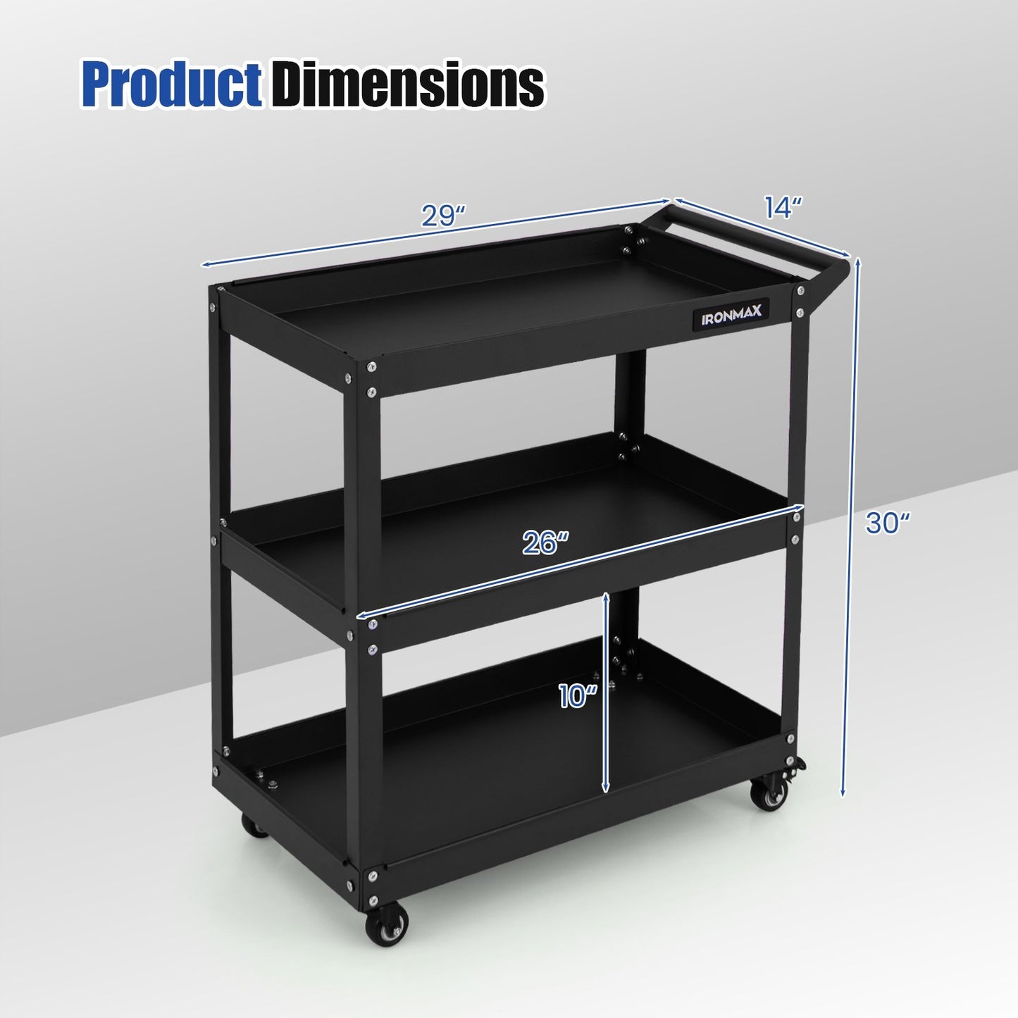 3-Tier Rolling Tool Cart with Spacious Shelves  4 Universal Wheels and 2 Brakes, Black