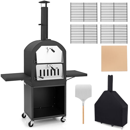 Outdoor Pizza Oven with Protective Cover and Grill Racks and Built-in Thermometer, Black