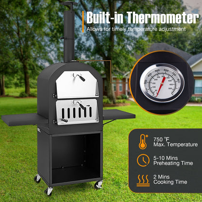 Outdoor Pizza Oven with Protective Cover and Grill Racks and Built-in Thermometer, Black