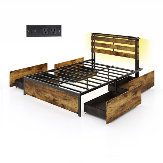 Full/Queen/Twin Size Bed Frame with Drawers LED Lights and USB Ports-Full Size - Gallery Canada