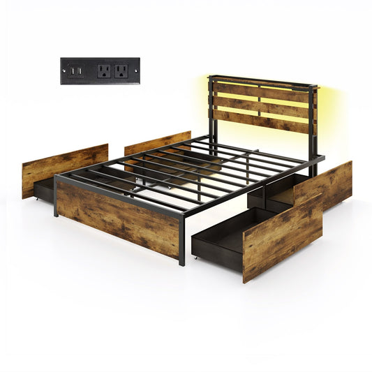 Full Size Bed Frame With Drawers, LED Lights, USB Ports