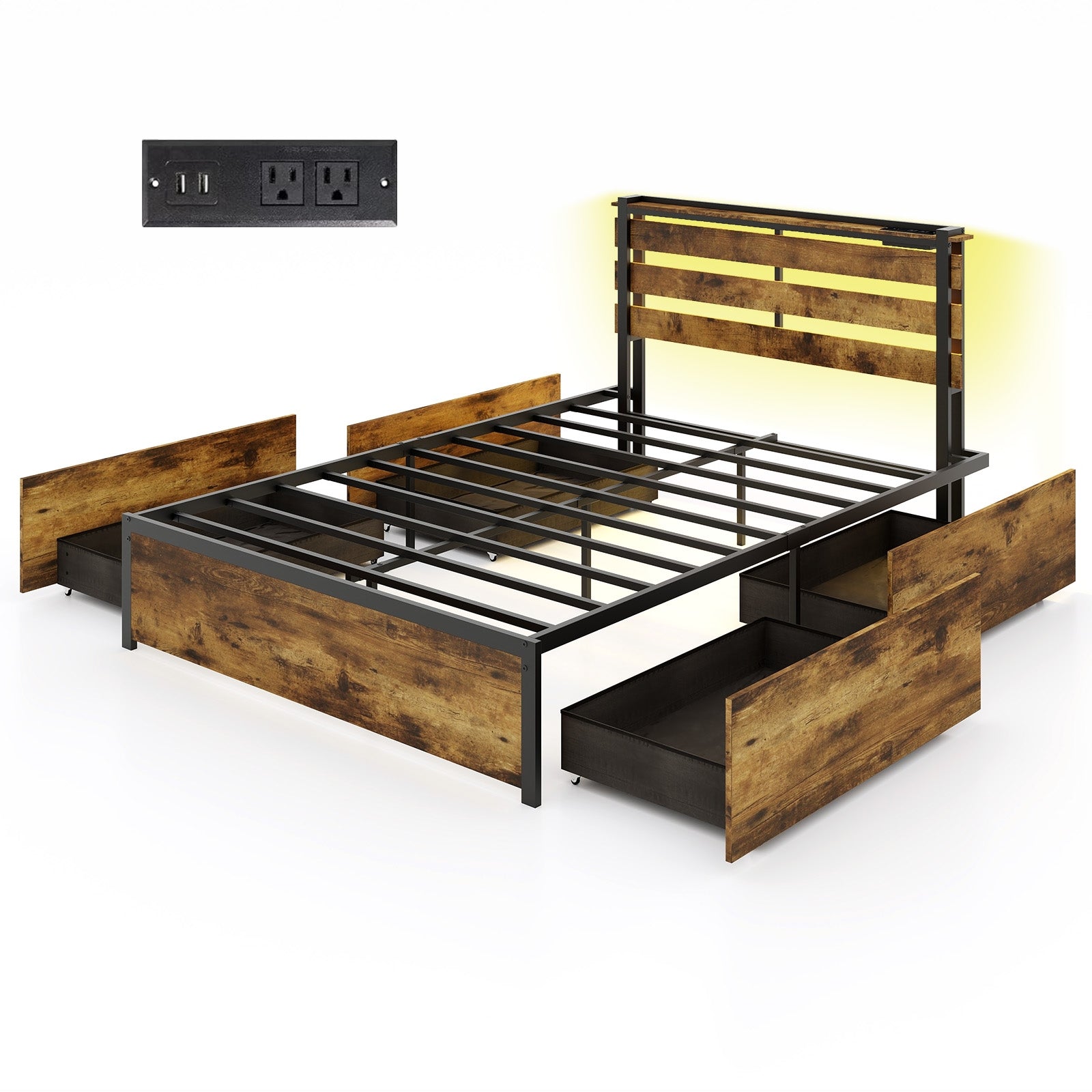 Full/Queen/Twin Size Bed Frame with Drawers LED Lights and USB Ports-Full Size Simple Bed Frame at Gallery Canada