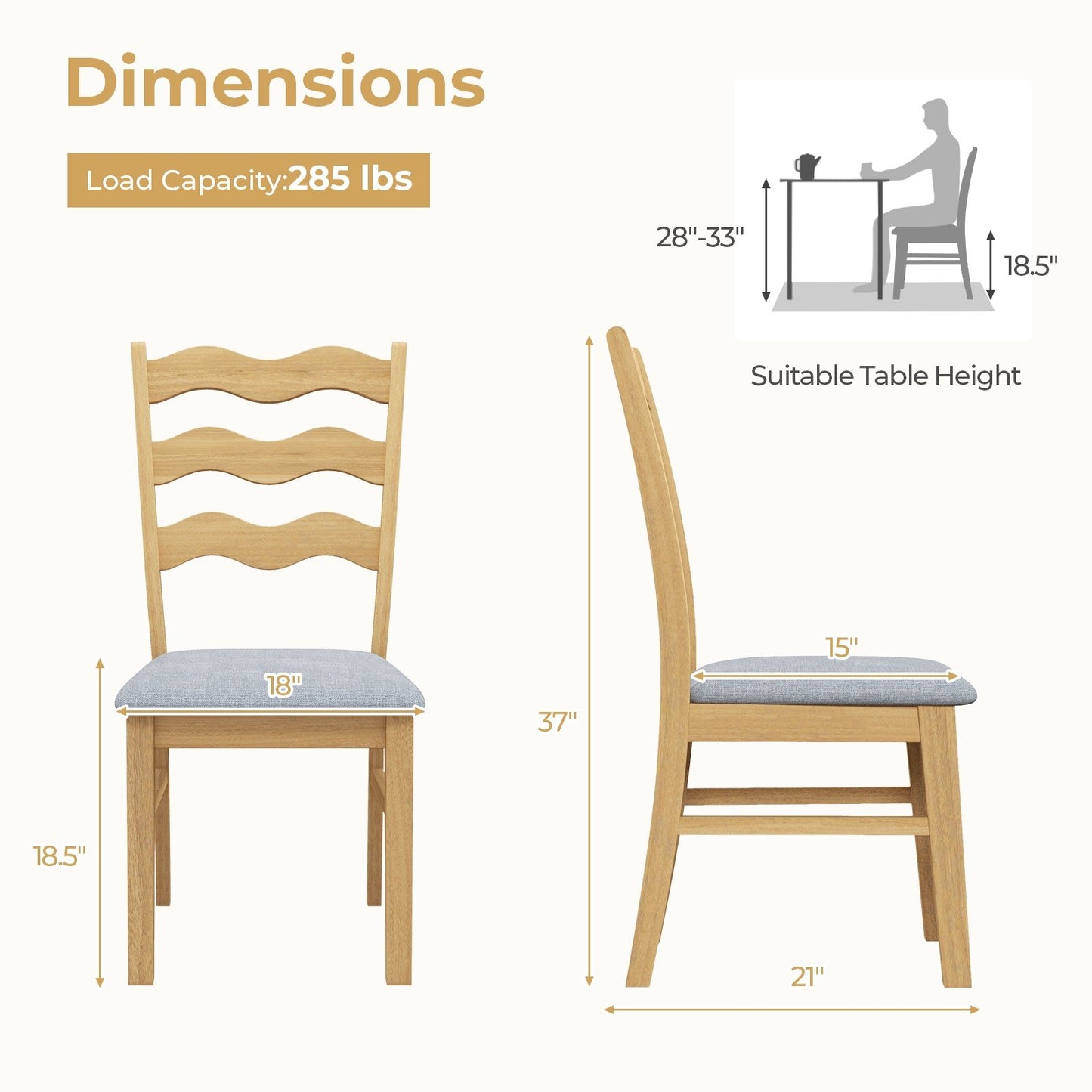 Dining Chair Set of 2 Linen Fabric Upholstered Kitchen Chairs with Padded Seat, Natural
